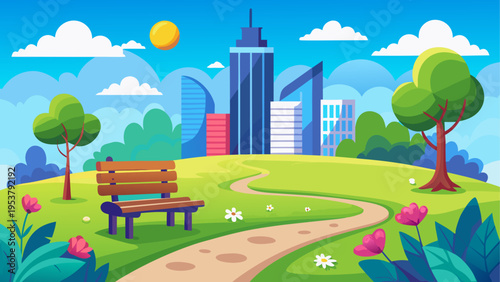 A vibrant park landscape with a wooden bench and a winding path leading toward a modern city skyline