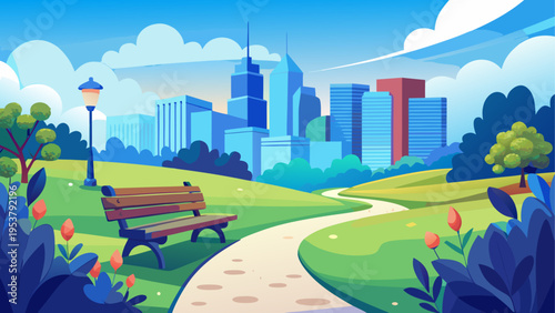 A serene park scene with a wooden bench along a winding pathway overlooking a modern city skyline