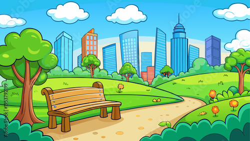 A vibrant cartoon illustration of a peaceful city park with a wooden bench and modern skyscrapers