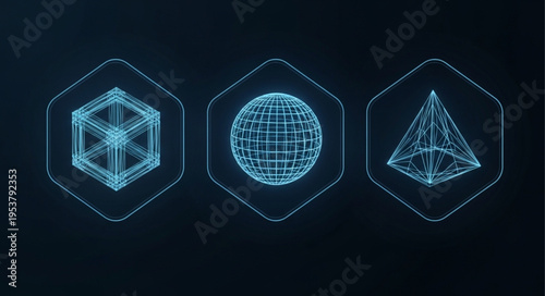 Futuristic Geometric Shapes - Cube, Sphere, and Pyramid in Neon Outlines.