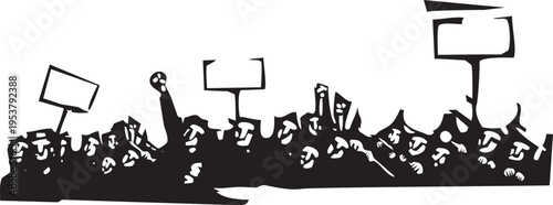 Woodcut style image of people protesting 