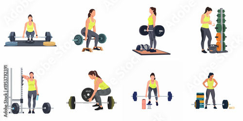 Set of Flat Illustrations Showing a Woman Performing Various Deadlift Exercises and Gym Activities with a Barbell and Weights