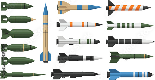 Collection of military rockets missiles and bombs isolated on white background detailed flat vector illustration weapons technology set