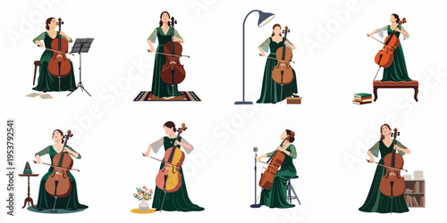 A collection of illustrations featuring a female cellist in a green dress performing in various settings, ideal for music and arts-themed projects.