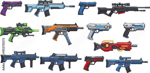 Collection of modern firearms and futuristic guns with rifles pistols and weapons isolated flat vector illustration combat equipment set