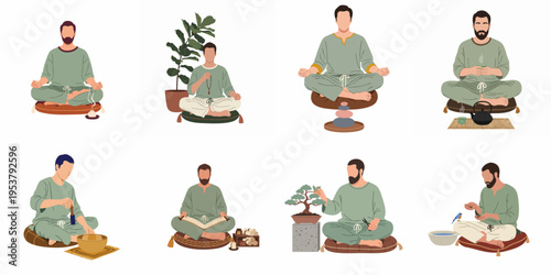 Collection of various flat illustrations depicting a man practicing mindfulness, meditation, tea ceremony, and zen activities for wellness and mental health.