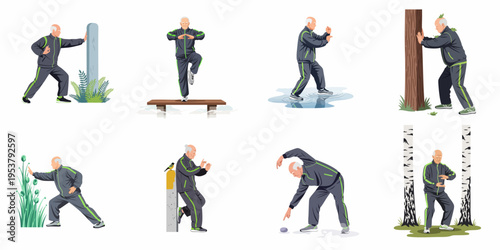 Active Senior Man Practicing Tai Chi and Qigong Exercises in Nature, a Collection of Eight Vector Illustrations for Health and Wellness.