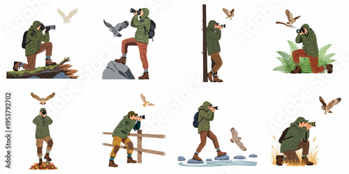 Professional wildlife photographer captures stunning shots of owls in diverse natural habitats, including forests, mountains, and water crossings.