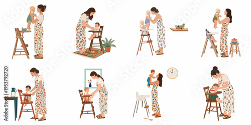 A collection of minimalist illustrations depicting a mother caring for and feeding her baby in various daily life scenes.