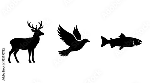 Deer, dove and fish icons for nature and wildlife