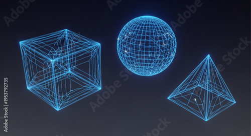 Geometric Wireframe Shapes - Cube, Sphere, and Pyramid in Blue.