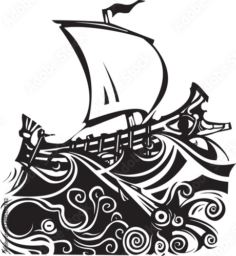 Woodcut style image of a giant octopus and squid beneath an ancient greek ship