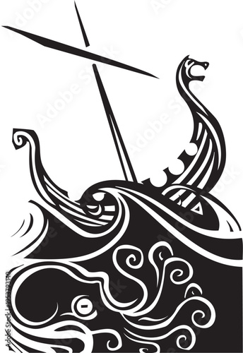Woodcut style image of a giant octopus beneath a vikign longship
