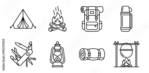 Outdoor activity icons featuring camping and hiking essentials including a tent, campfire, backpack, thermos, multipurpose tool, lantern, sleeping bag, and pot cooking over fire