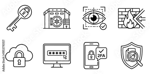 Cybersecurity flat line icon set representing digital information protection. Data security. Biometric authentication. Firewall defense. Cloud storage lock. Password entry