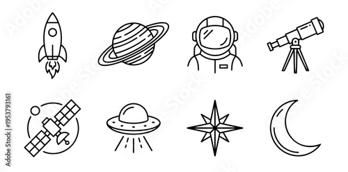 Space exploration and astrology line art icons representing a rocket launch, a planet, an astronaut, a telescope, a satellite, a ufo, a compass rose, and the moon, isolated on white