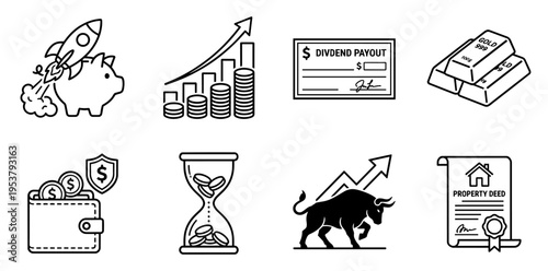 Financial growth icons depicting different investment, money management, and wealth accumulation concepts, including savings, market trends, real estate, and precious metals