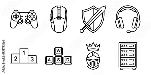 Gaming and e-sports vector line icons set illustrating competition, virtual adventure, hardware, and digital infrastructure for online entertainment and competitive play