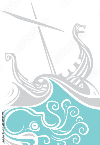 Woodcut style image of a giant octopus beneath a vikign longship