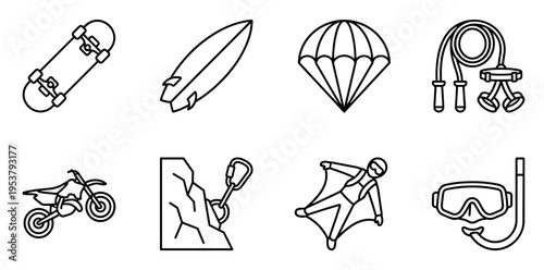 Cohesive set of outlined icons illustrating different extreme sports, adventures, and outdoor recreation equipment and activities for lifestyle, hobby, and leisure concepts