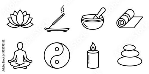 Zen yoga and fitness wellness icon set presenting a range of line art symbols including lotus flower, meditating figure, incense, and balanced stones for relaxation