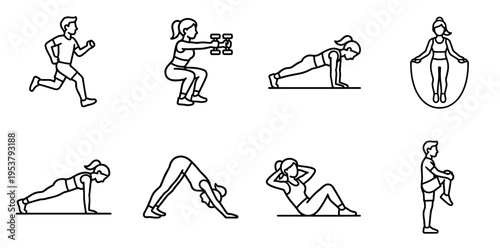 Minimalist line-art icon set showing diverse people doing workouts—running, yoga, strength and cardio moves—clean black-and-white fitness illustrations for wellness projects
