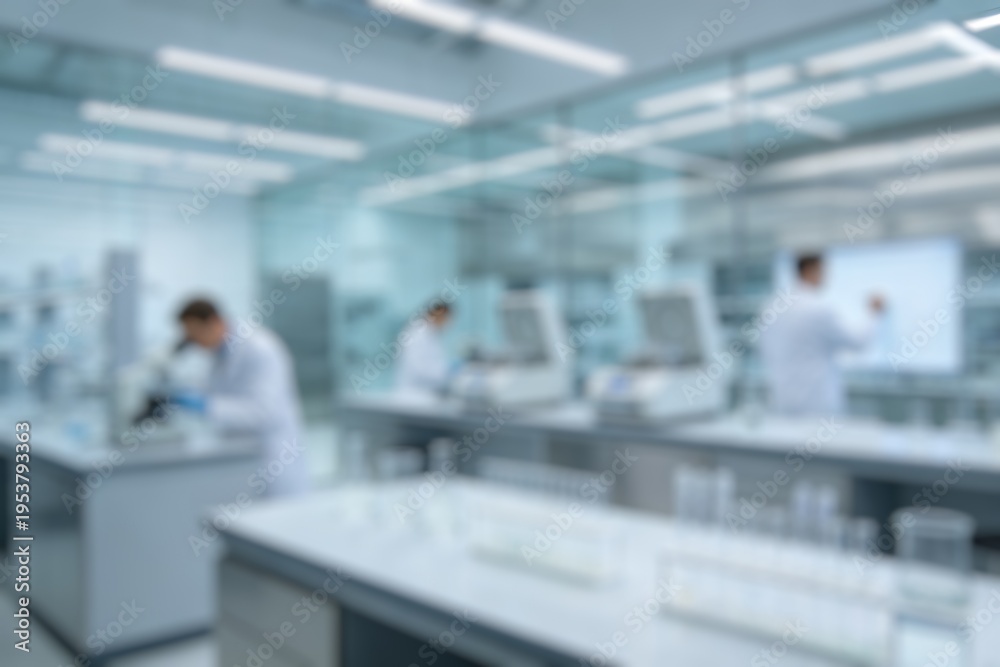 Fototapeta premium Blurred modern laboratory with scientists working on experiments and analysis, clean environment for medical and scientific research.
