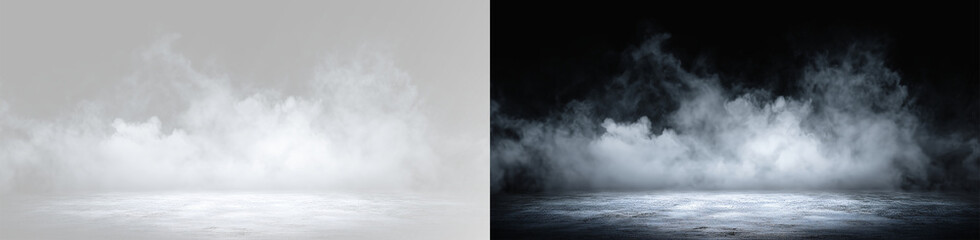 Dense ground fog and mist creeping on floor for atmospheric design on transparent background