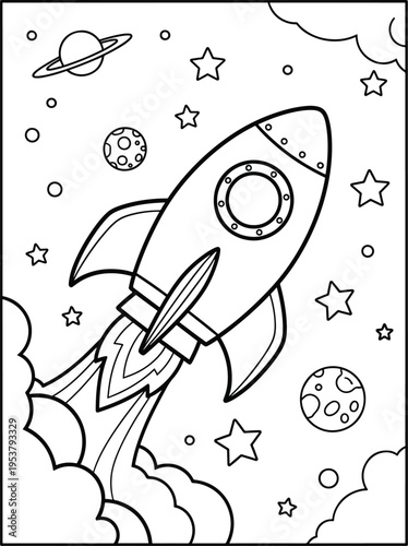 Rocket Coloring Page for Kids Space Theme Line Art Black and White Outline Drawing Printable Activity Sheet Cartoon Rocket Illustration Educational Coloring Book Page