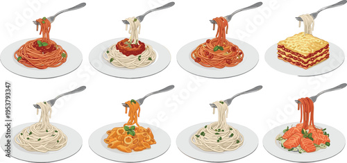 Collection of pasta dishes including spaghetti lasagna and noodles isolated on white background Italian cuisine vector illustration set