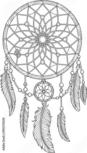 Dreamcatcher Coloring Page Boho Mandala Feather Decoration Line Art Black and White Outline Drawing Tribal Spiritual Ornament Printable Coloring Sheet