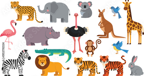 Collection of wild animals including elephant giraffe lion tiger zebra and birds colorful cartoon vector illustration safari set