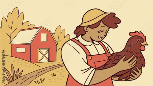 A female farmer holding a brown chicken in her arms while standing in front of a red barn in a flat vector illustration style.