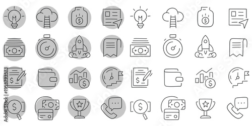 Hand-drawn cartoon and doodle set of finance and business icons on a white background.