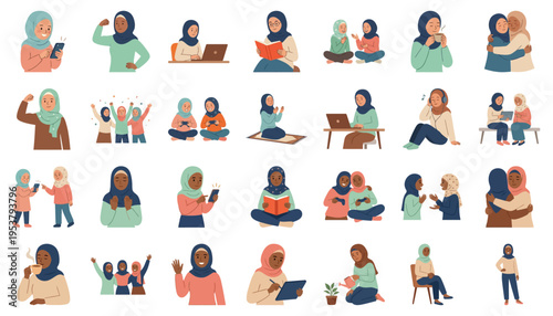 Muslim women characters set in various daily activities and poses | Hijabi female flat vector illustrations isolated on white | Diverse community lifestyle