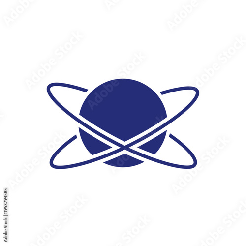 Blue planet with orbiting rings symbol.