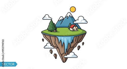 Cartoon house on floating island landscape.