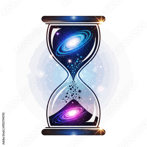 Colorful hourglass with galaxy swirling.