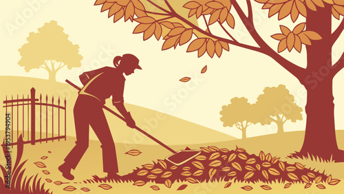 Woman raking autumn leaves silhouette in a park landscape during fall season for gardening maintenance and yard work in flat vector illustration style.