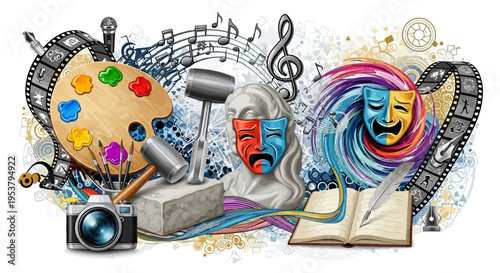 Creative arts and music symbols collage.