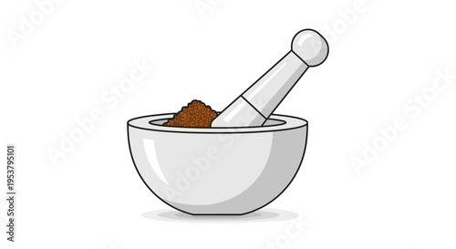 Mortar and pestle with brown substance.