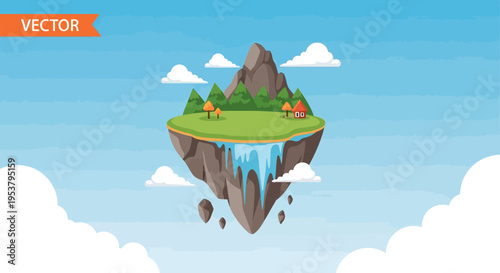 Floating Island with Waterfall and Trees.