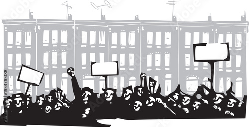 Woodcut style image of protesters in front of rowhouses in a city