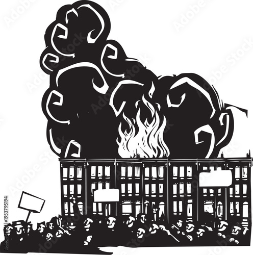Woodcut style image of protesters in front of buring urban houses