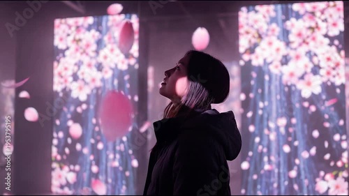 Young woman alone in floral immersive art room concept. Young woman enjoying digital interactive cherry blossom art installation in immersive light experience