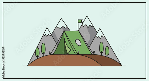 Green tent on brown ground.