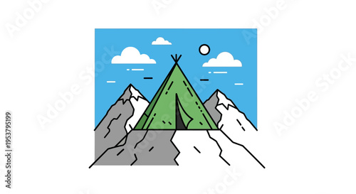 Green tent on mountain peak landscape.