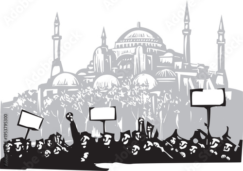 Woodcut style image of protesters in front of the Hagia Sophia in Turkey