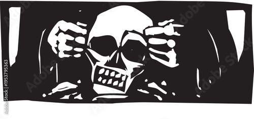 Woodcut style image of hands Sculpting a Skull