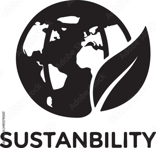 Black silhouette icon symbolizing global sustainability, featuring an earth globe with a green leaf.
